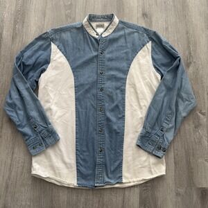 Vintage Express Rider Button Up Shirt Mens Medium Blue Denim Western Colorblock